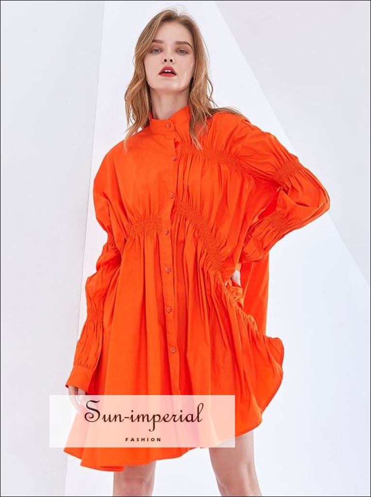 Sun-Imperial - Ronda Dress- Yellow Mustard Casual Midi Dress Stand Collar Puff Long Sleeve Buttoned Orange / One Size Sun-Imperial - Ronda Dress- Yellow Mustard Casual Midi Dress Stand Collar Puff Long Sleeve Buttoned Orange / One Size