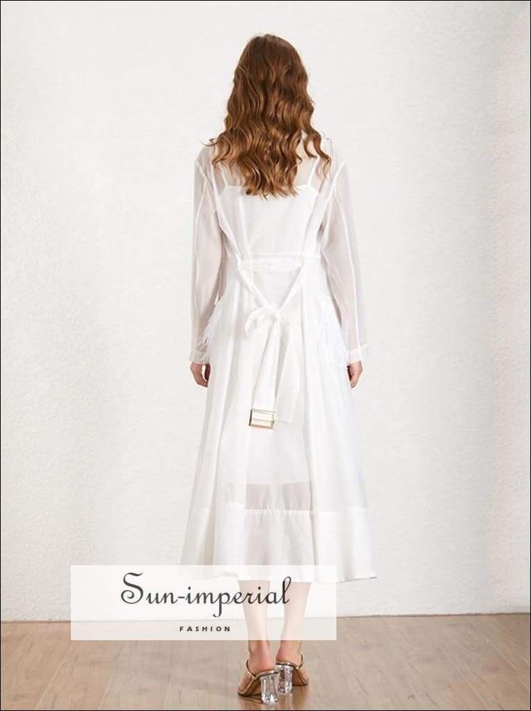 Long White Lac Trimmed Mesh Sleeves Kimono Style Dress Long White Lac Trimmed Mesh Sleeves Kimono Style Dress