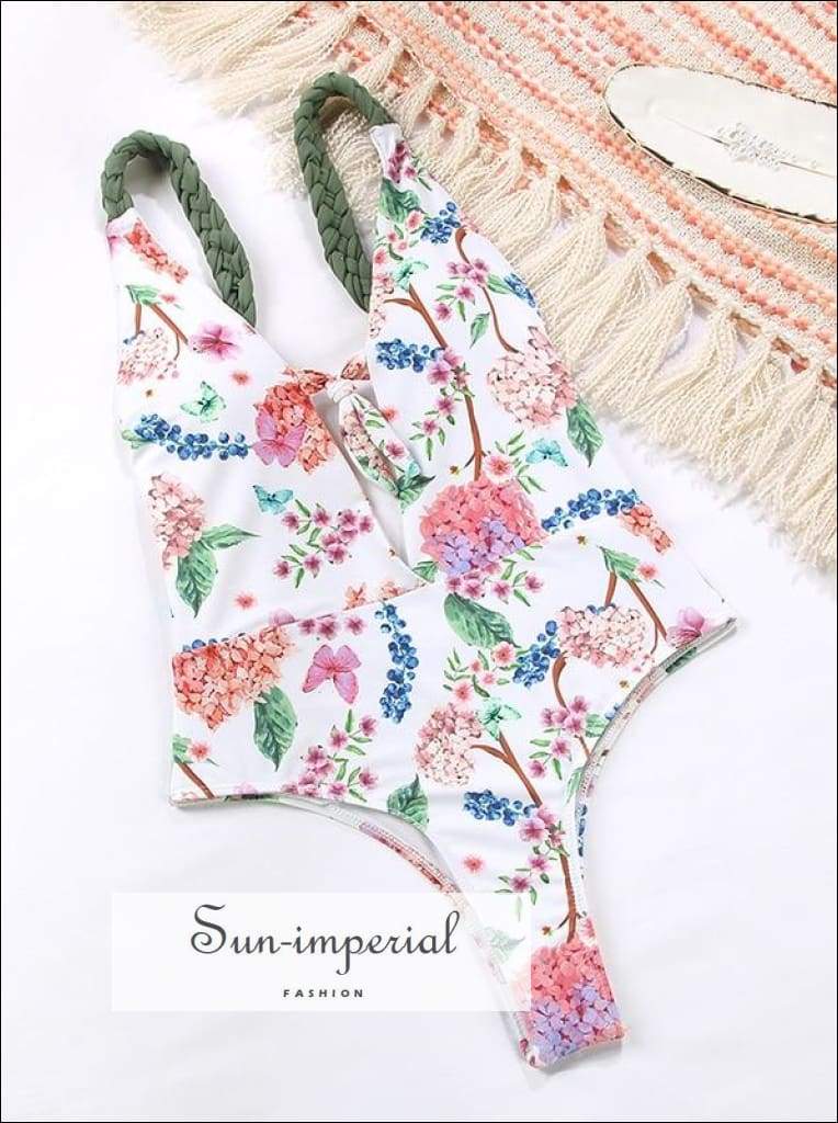 Solid Black Backless One Piece Women Swimsuit with Pink Braid Strap detail White Floral Print Dee V With Green Detail SUN-IMPERIAL United 