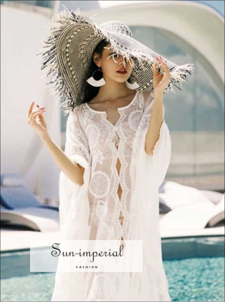 Sun-imperial - solid semi sheer cut out split lace dress summer vintage beach wear loose casual boho Sun-Imperial Sun-imperial - solid semi sheer cut out split lace dress summer vintage beach wear loose casual boho Sun-Imperial