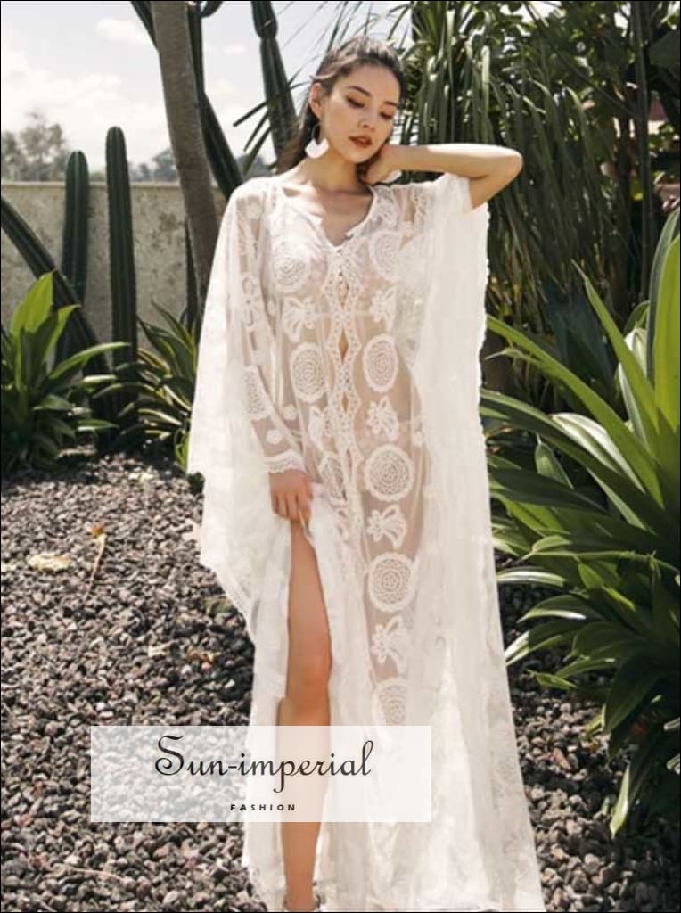 Sun-imperial - solid semi sheer cut out split lace dress summer vintage beach wear loose casual boho Sun-Imperial Sun-imperial - solid semi sheer cut out split lace dress summer vintage beach wear loose casual boho Sun-Imperial