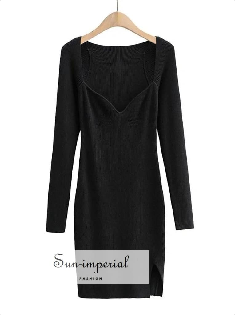 Sun-imperial - solid White arc square collar knitted bodycon slim stretch long sleeve mini dress Black / S Sun-imperial - solid White arc square collar knitted bodycon slim stretch long sleeve mini dress Black / S