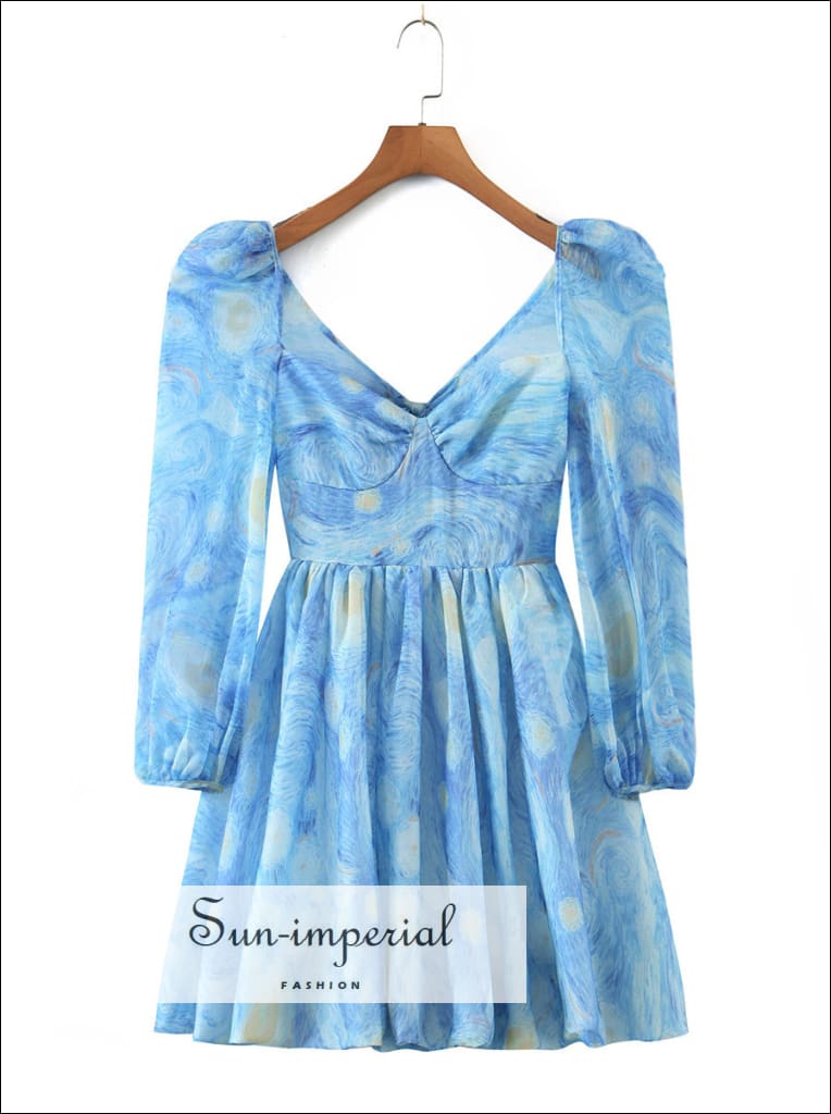 Sun-Imperial - Spring Long Sleeve Blue Floral Print Spliced A-Line Puff Mini Dress with Back Bow Tie Blue / M Sun-Imperial - Spring Long Sleeve Blue Floral Print Spliced A-Line Puff Mini Dress with Back Bow Tie Blue / M