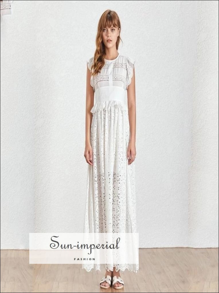 Sun-imperial - strasbourg dress- o neck vintage ruffle sleeveless solid white lace maxi dress Sun-Imperial Sun-imperial - strasbourg dress- o neck vintage ruffle sleeveless solid white lace maxi dress Sun-Imperial