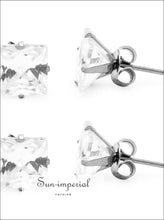 Stud Earrings Set Of 2 Pairs Square Cubic Zirconia Stainless Steel Silver Cz Studs All Earrings, classic designed, cubic zirconia studs, cz