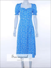 Sun-imperial Blue Flower Puff Short Sleeve Split Midi Dress