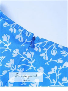 Sun-imperial Blue Flower Puff Short Sleeve Split Midi Dress