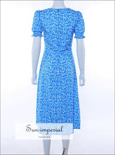 Sun-imperial Blue Flower Puff Short Sleeve Split Midi Dress