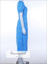 Sun-imperial Blue Flower Puff Short Sleeve Split Midi Dress