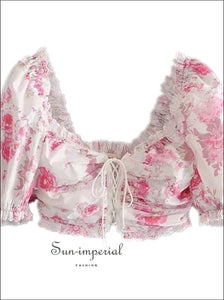 Sun-imperial Cross Lace up Floral Print Crop top Women Wood Ears Ruffle Tank Tops Summer Sweet Girls