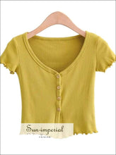 Sun-imperial Deep V Neck Button through Rib T-shirt with Lettuce Trimming Sexy Crop top High Street