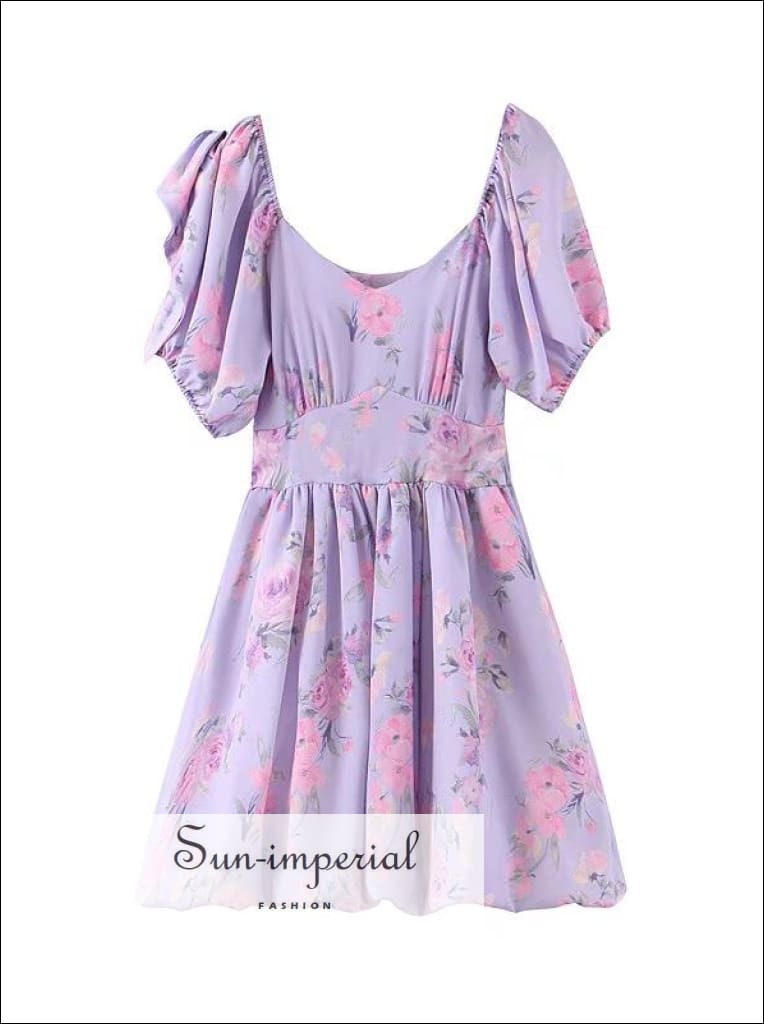 Sun-Imperial - Sun-Imperial Lavender Floral Print Ball Gown Dress Puff Short Sleeve Bow Tie Waist Short Dress / S Sun-Imperial - Sun-Imperial Lavender Floral Print Ball Gown Dress Puff Short Sleeve Bow Tie Waist Short Dress / S