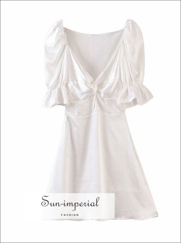 Sun-imperial - Sun-imperial puff sleeve women satin dress square neck short sleeve high waist spring White / S Sun-imperial - Sun-imperial puff sleeve women satin dress square neck short sleeve high waist spring White / S