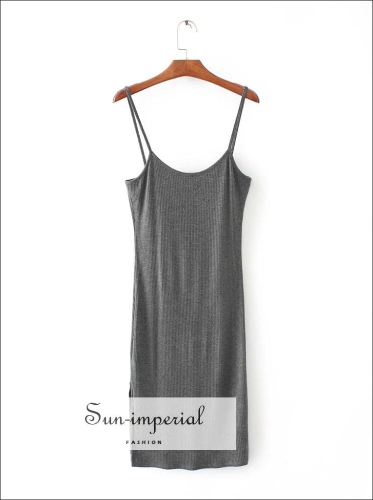 Sun-Imperial - Sun-Imperial Round Neckline Midi Cami Bodycon Dress with Split Sexy Thigh Split Side Dark Grey / One Size Sun-Imperial - Sun-Imperial Round Neckline Midi Cami Bodycon Dress with Split Sexy Thigh Split Side Dark Grey / One Size