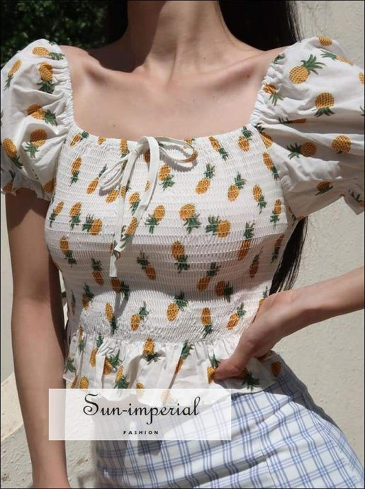 Sun-imperial Square Collar Bowknot Puff Sleeve Woman Blouses Printed High Waist Short Sleeve Elastic