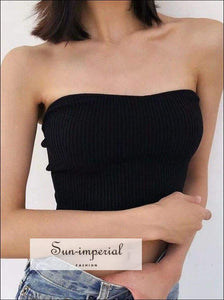 Sun-imperial V Neck Knitting Strapless Corset Camisole Tank top Backless Casual Cropped top Women