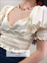 Sun-imperial V Neck Puff Sleeve Women Blouses Stringy Selvedge High Waist Short Tops Lace back Strap
