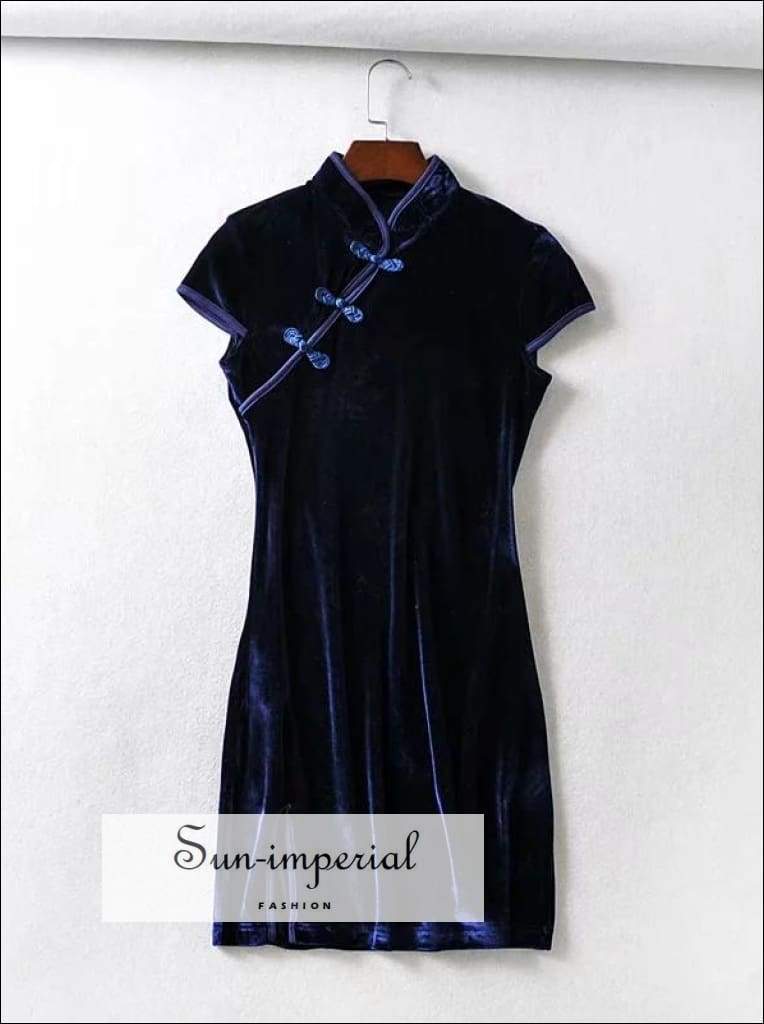 Sun-Imperial - Sun-Imperial Velvet Mini Bodycon Dress with Mandarin Collar Chinese Mini Dress High Navy / L Sun-Imperial - Sun-Imperial Velvet Mini Bodycon Dress with Mandarin Collar Chinese Mini Dress High Navy / L