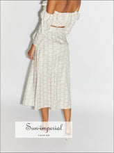 Sun-imperial Vintage Beach Style 2 Piece Skirt Set off Shoulder Long Sleeve Crop top Maxi piece, piece set, fall outfit, full length dress,