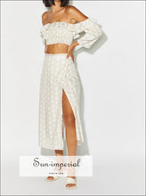 Sun-imperial Vintage Beach Style 2 Piece Skirt Set off Shoulder Long Sleeve Crop top Maxi piece, piece set, fall outfit, full length dress,