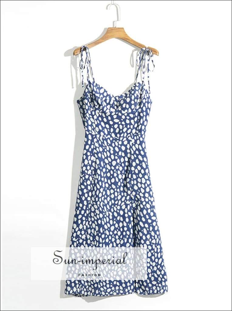 Sun-Imperial - Sun-Imperial Vintage Spot Women Slip Dress Summer Strapless Backless Sliting Vacation Blue / M Sun-Imperial - Sun-Imperial Vintage Spot Women Slip Dress Summer Strapless Backless Sliting Vacation Blue / M