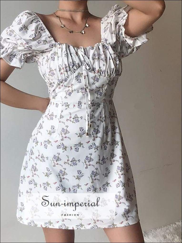 Sun-Imperial - Sun-Imperial Vintage Square Collar Floral Dress Women Bow Tie Short Sleeve Bubble White Floral Dress / M