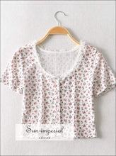 Sun-imperial Women Button up Floral Print Crop T-shirt with Lace Neckline High Street Fashion
