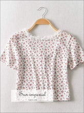 Sun-imperial Women Button up Floral Print Crop T-shirt with Lace Neckline High Street Fashion