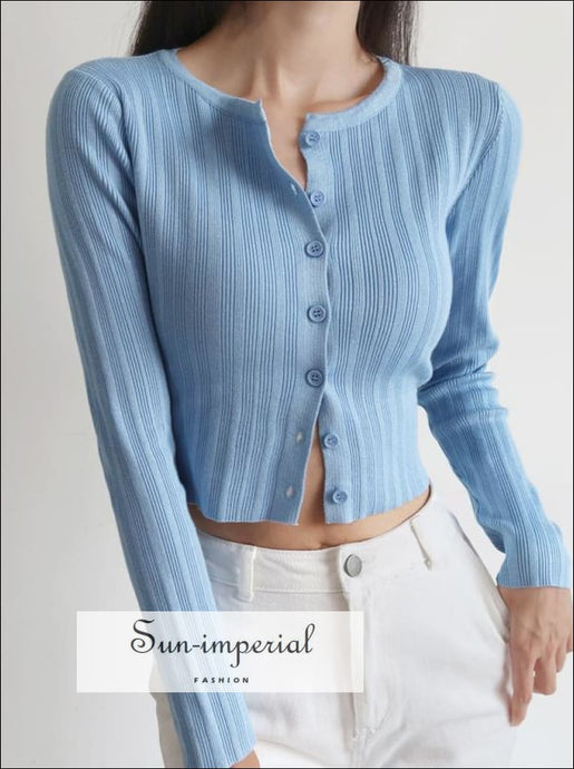 Sun-imperial Women O Neck Fine Knit Cropped Cardigan Knitted top with Buttons High Street Fashion Basic style, cardigan, high neck, knotted,