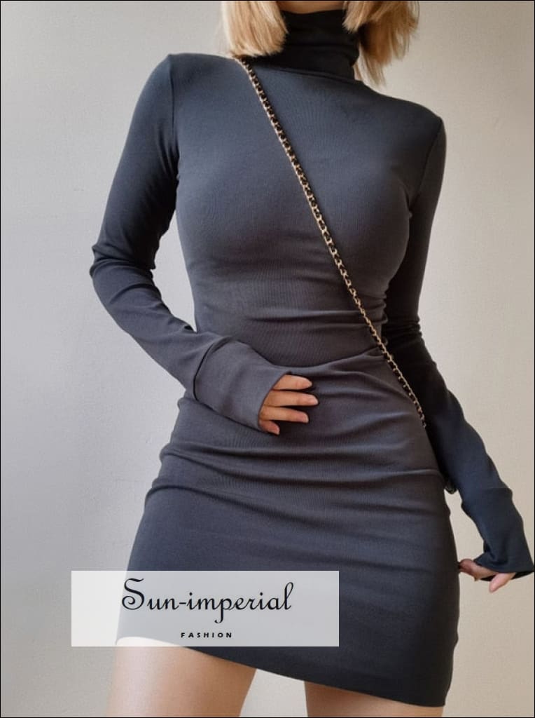 Sun-imperial - sun-imperial Women Roll Neck Form Fitting Long Sleeve Mini Dress Dark Grey / S Sun-imperial - sun-imperial Women Roll Neck Form Fitting Long Sleeve Mini Dress Dark Grey / S