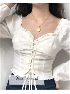Sun-imperial Women Sweetheart Neck Lace up Crop Check Blouse with Frill Trim High Street Fashion