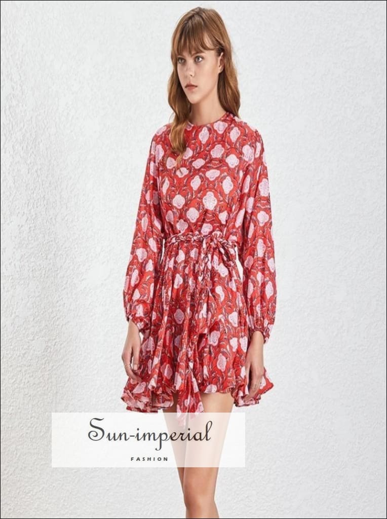 Sun-imperial - tia dress in floral - women spring a-line tie dye dress o neck puff long sleeve print1 / L Sun-imperial - tia dress in floral - women spring a-line tie dye dress o neck puff long sleeve print1 / L