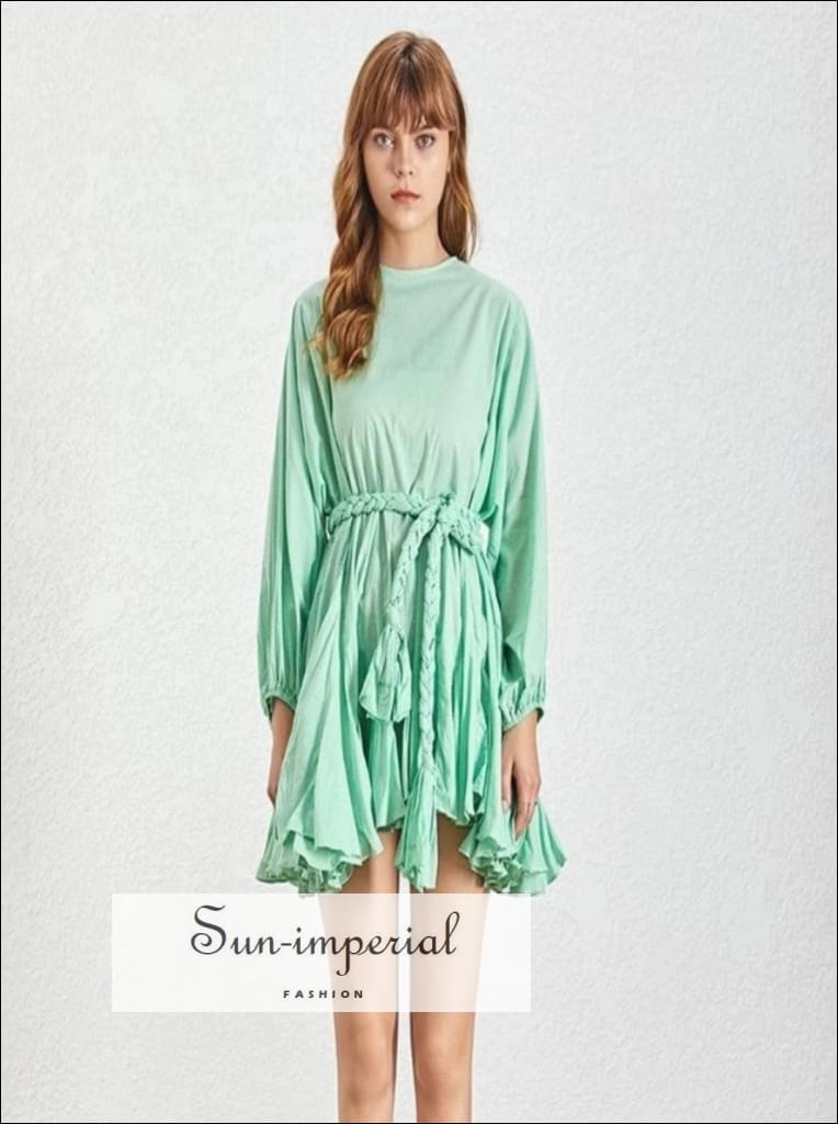 Sun-Imperial - Tia Dress in Mint - Women Spring A-Line Tie Dye Dress O Neck Puff Sleeve Casual Lt.Green / S Sun-Imperial - Tia Dress in Mint - Women Spring A-Line Tie Dye Dress O Neck Puff Sleeve Casual Lt.Green / S