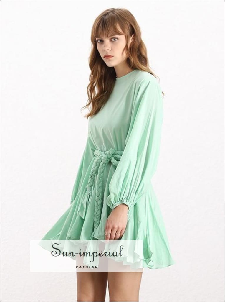 Sun-Imperial - Tia Dress in Mint - Women Spring A-Line Tie Dye Dress O Neck Puff Sleeve Casual Lt.Green / S Sun-Imperial - Tia Dress in Mint - Women Spring A-Line Tie Dye Dress O Neck Puff Sleeve Casual Lt.Green / S