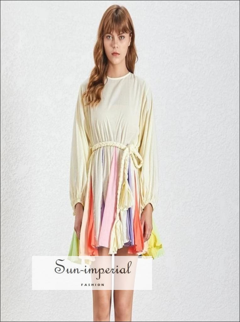 Sun-imperial - tia dress in yellow rainbow - women spring a-line tie dye dress o neck puff sleeve lt.yellow / M Sun-imperial - tia dress in yellow rainbow - women spring a-line tie dye dress o neck puff sleeve lt.yellow / M