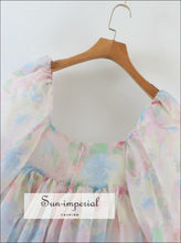 Tie Dye Colored Organza Floral Print Short Puff Sleeve Square Neckline A-line Pleated Mini Dress bohemian style, boho elegant harajuku 