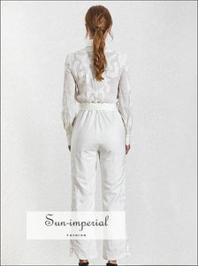 Toulouse Jumpsuit - Women Solid White Belted Lapel Long Sleeve High Waist Slim Fashion Clothes, Waist, Sleeve, vintage, SUN-IMPERIAL United 