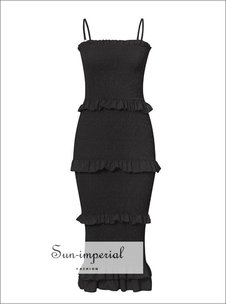 Sun-imperial vintage elegant solid color spaghetti strap midi