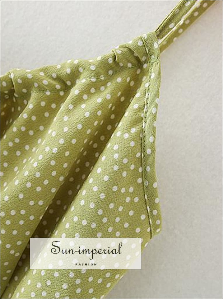 Sun-Imperial - Vintage Green Polka Dot Cami Strap Midi Dress Tie Dye Ruched Bust Polka Dot Dress / M