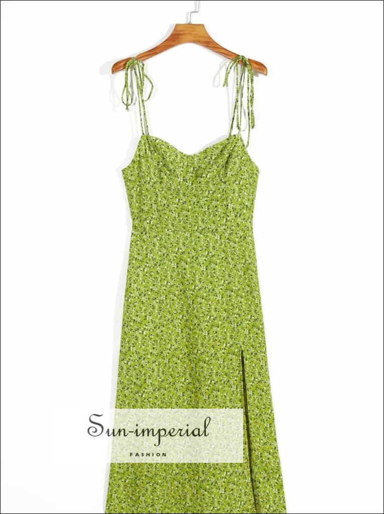 Sun-imperial - vintage green White floral print midi dress with side split and tie dye cami straps H768 green N671 / S Sun-imperial - vintage green White floral print midi dress with side split and tie dye cami straps H768 green N671 / S