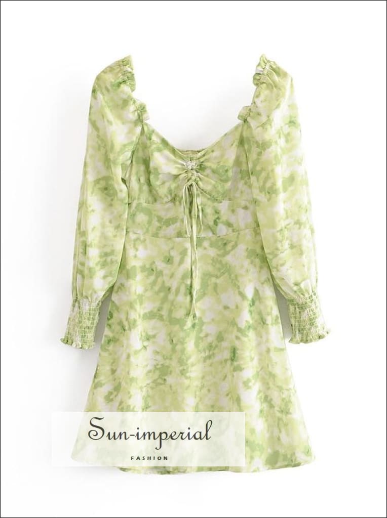 Vintage Pastel Green Tie Dye Mini Dress Long Sleeve Square Collar High  Waist Ruched Bust Dress