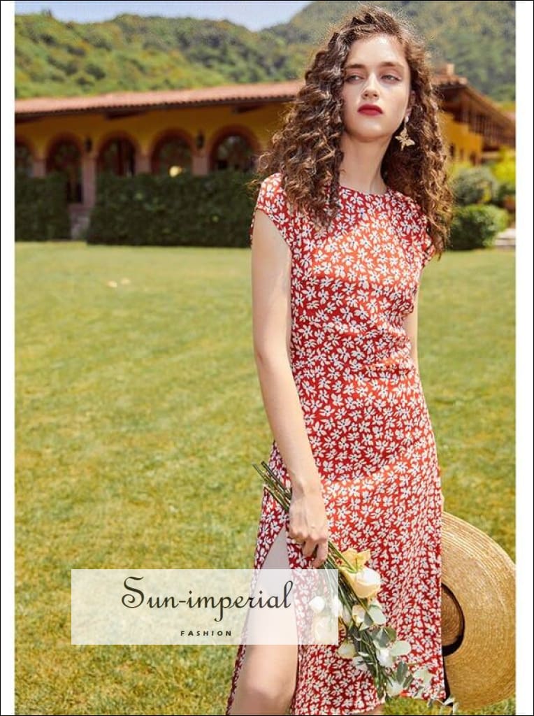 open lace back dress High Neck Polka Dot Long Red Summer Dress – FancyVestido