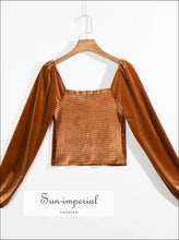 Vintage Velvet Women Blouse Shirt Spring Square Collar Long Sleeve Elastic Waist bottom top Vintage