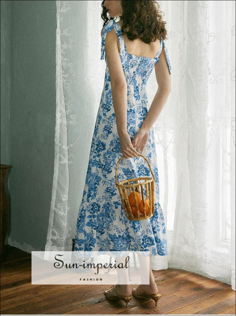 Sun-imperial - vintage White with blue floral tie cami strap midi dress a-line cut with ruffle decor White / M Sun-imperial - vintage White with blue floral tie cami strap midi dress a-line cut with ruffle decor White / M