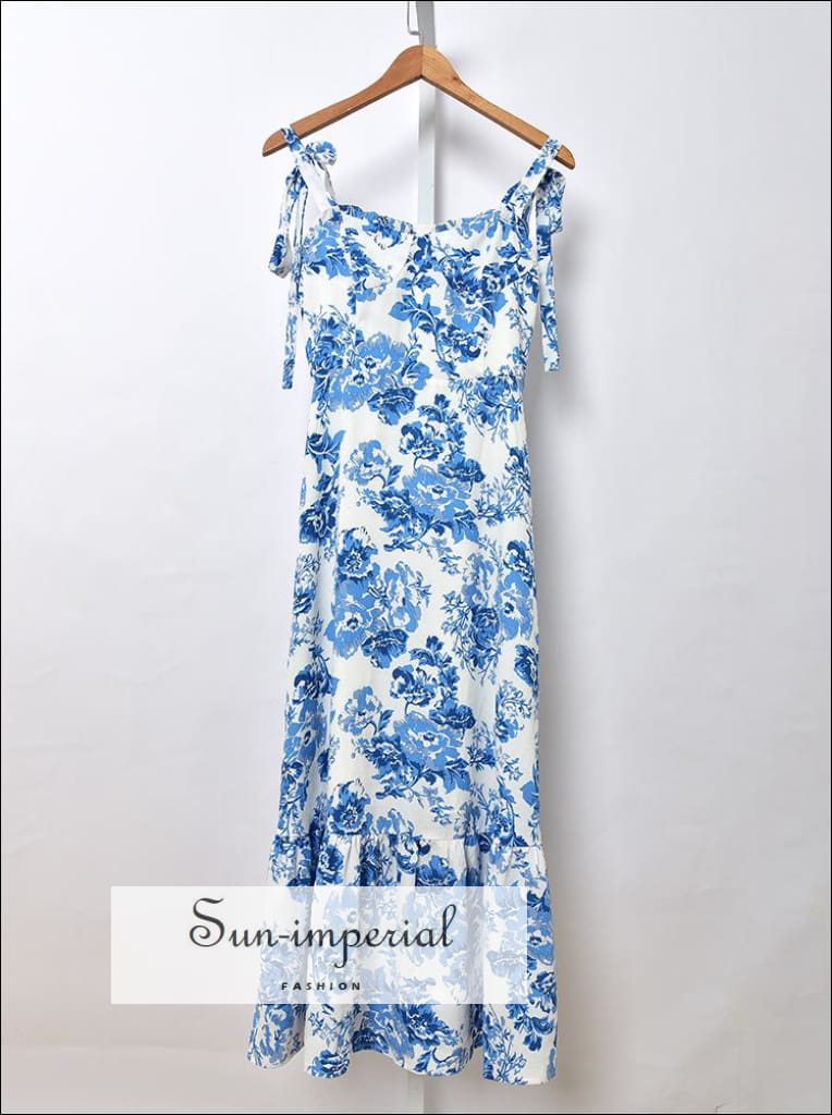 Sun-imperial - vintage White with blue floral tie cami strap midi dress a-line cut with ruffle decor White / M Sun-imperial - vintage White with blue floral tie cami strap midi dress a-line cut with ruffle decor White / M