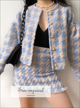 Vintage Women Two Piece Pearl Button Plaid Blazer and High Waist a Line Mini Skirt Long Sleeve 2 piece skirt jacke set, best seller,