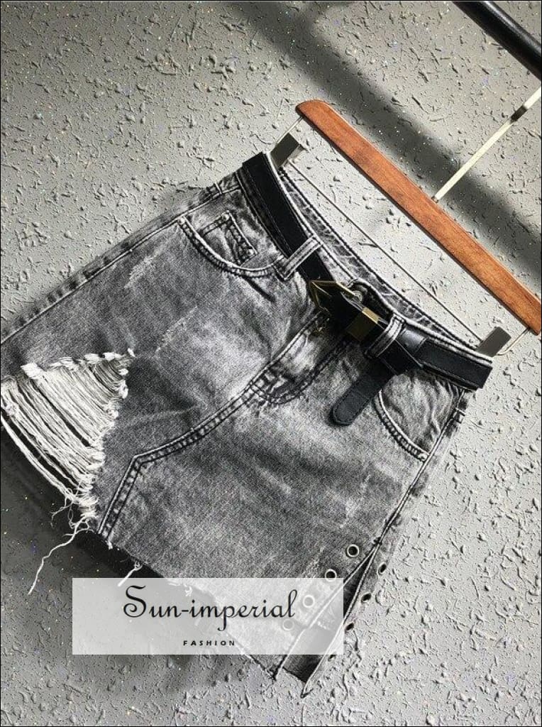 Washed Black/ Blue Belted Ripped Denim Skirt Jeans A-line Mini Skirt