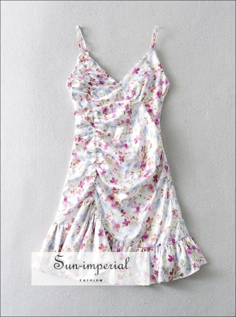printed satin mini dress White Floral Print Satin Mini Dress With Cami Strap And Side Ruched Hem And Ruffles Edge Detail as picture / S