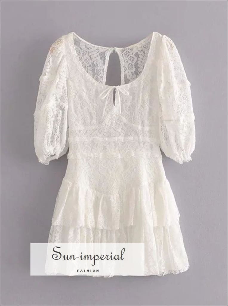 Sun-imperial - White lace floral embroidery short sleeve a-line backless mini dress with ruffles and as pic / M