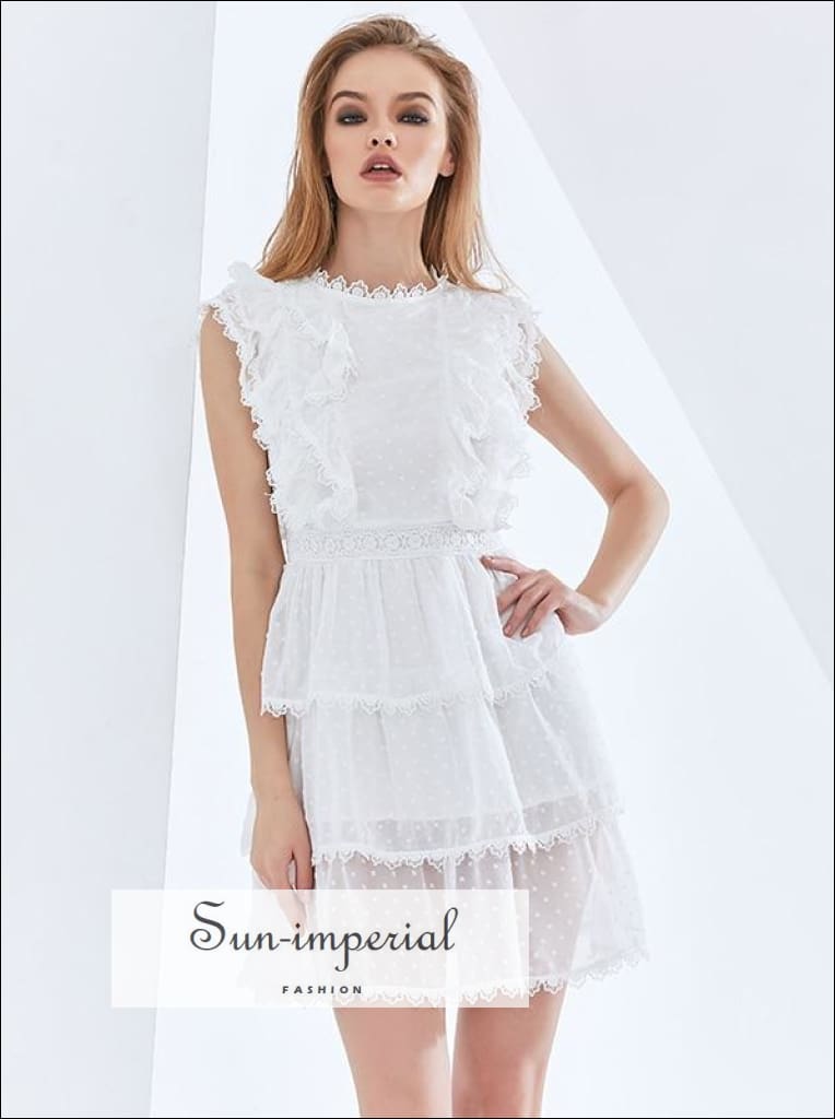 Sun-imperial - White lace sleeveless layered a-line mesh mini dress with dot and ruffle detail White / XL